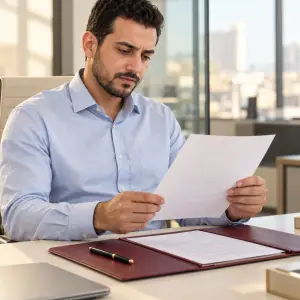 موظف يراجع قرار نقله إلى فرع آخر مع مستندات عقد العمل