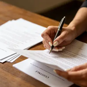 عميل يراجع عقدًا قانونيًا مع محامٍ قبل التوقيع، مع ظهور مستندات وأوراق اتفاق على المكتب، في مشهد يعبر عن المراجعة القانونية لعقود البيع والإيجار والشراكة والعمل والاتفاقات المالية، ويوضح الثقة والوضوح والإرشاد القانوني.