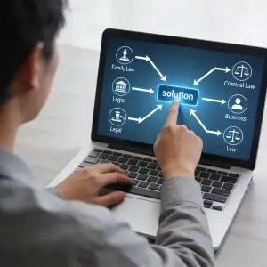 شخص يتصفح خيارات وخدمات قانونية عبر هاتف أو حاسوب محمول بحثًا عن التوجيه المناسب. يعبر المشهد عن شخص لديه مشكلة قانونية ولا يعرف من أين يبدأ، ويستكشف المسار القانوني الأنسب لاحتياجه بمساعدة متخصصة.