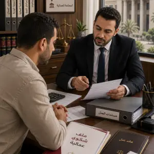 موظف يتابع شكوى عمالية مع محامٍ ومستندات قانونية في مصر قبل التسوية أو المحكمة العمالية