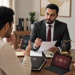 صورة تحريرية قانونية رأسية 4:5 تُظهر شخصًا مصريًا يتواصل هاتفيًا للحصول على توجيه قانوني، مع محامٍ مستقل يراجع مستندات داخل بيئة قانونية حديثة، بما يعبر عن الاستشارات القانونية بالتليفون والواتساب وأهمية التحقق من مصدر الخدمة قبل مشاركة المستندات.