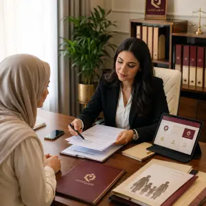 صورة تحريرية قانونية رأسية 4:5 تُظهر سيدة مصرية تتحدث مع محامية أحوال شخصية مستقلة داخل مكتب قانوني هادئ، مع مستندات أسرية منظمة مرتبطة بالطلاق والخلع والنفقة والحضانة، بما يعبر عن الحصول على توجيه قانوني أولي ومعرفة متى تحتاج الحالة إلى استشارة خاصة.